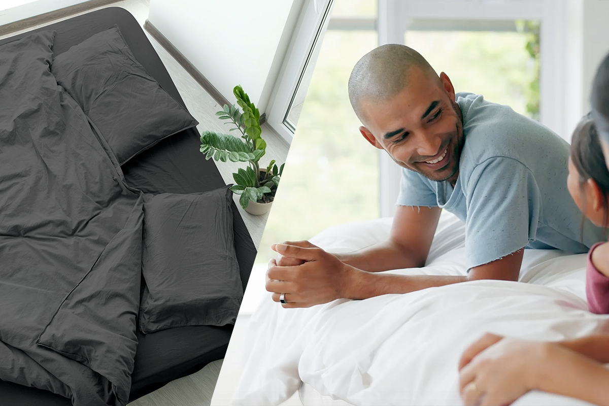 Product rendering by StudioZ showing a Cozi air mattress in a modern bedroom setting.