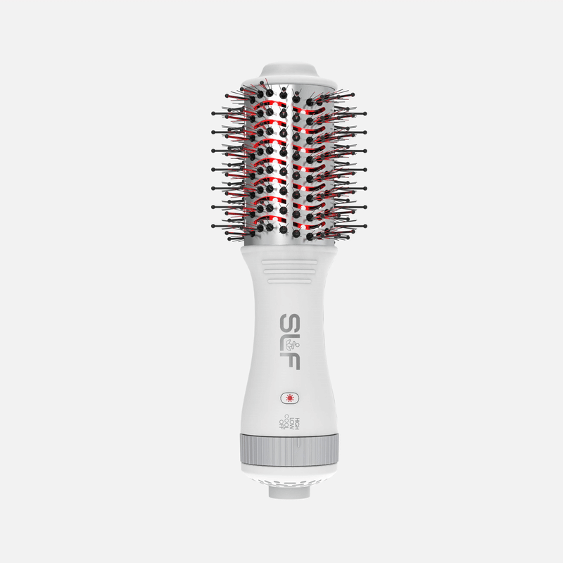 A 360-degree technical rendering of the compact SLF red light hair dryer.