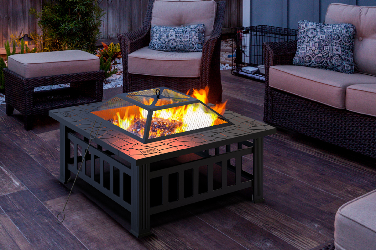Cozi Outdoor Square Fire Pit Table on deck