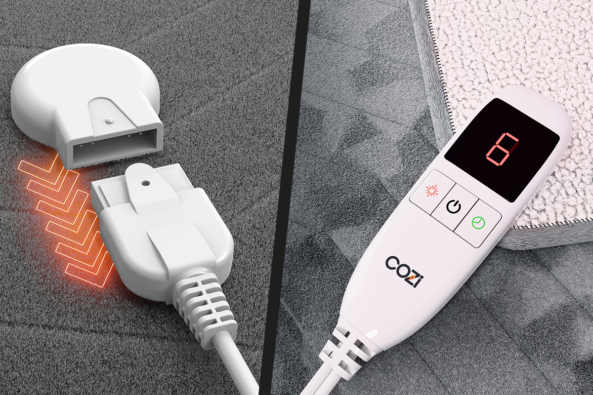 Cozi Heated Throw Blanket showing features including plug adaptor and buttons