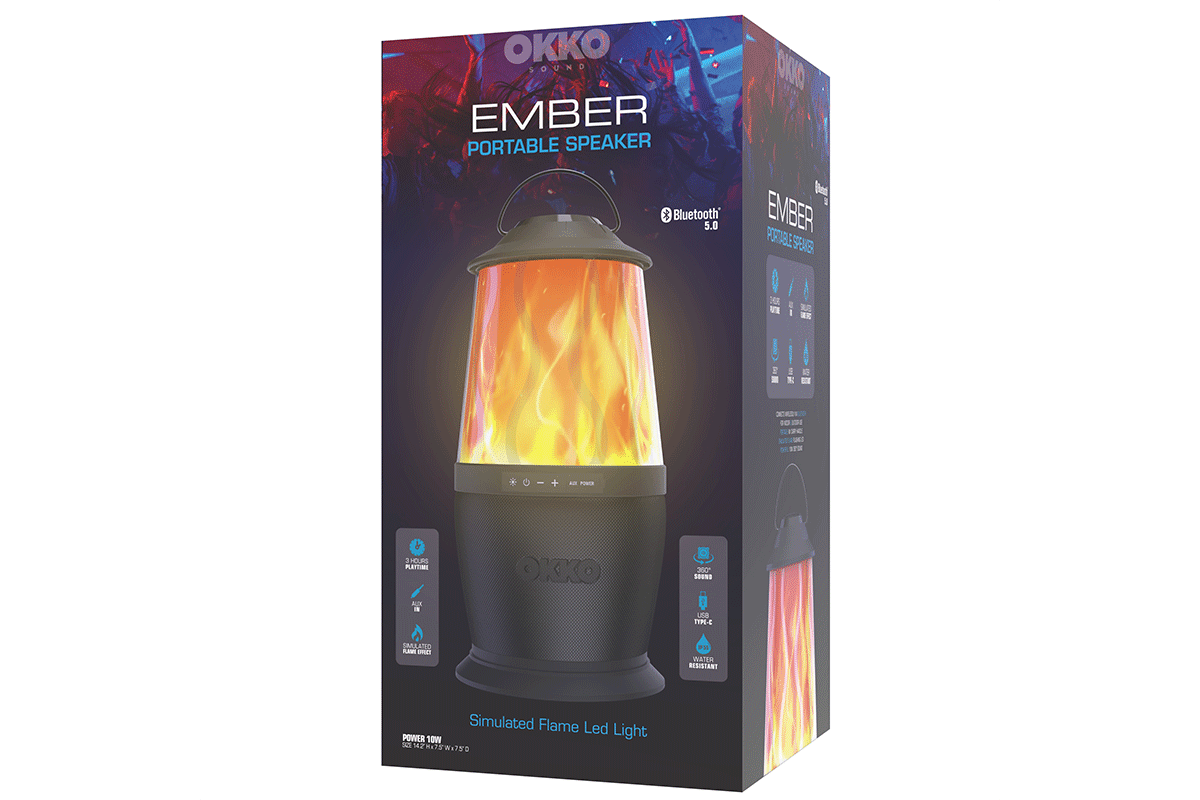 360-degree view of OKKO Ember Portable Bluetooth Speaker package