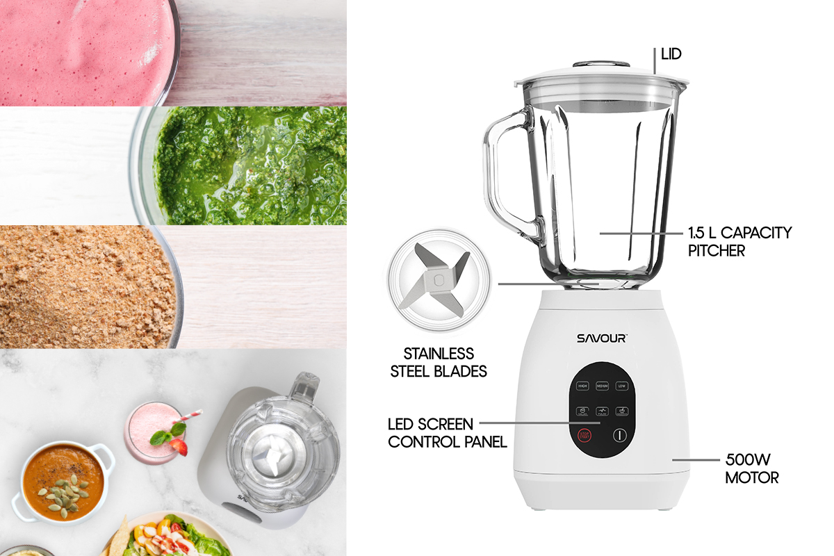 Savour 500W Touchscreen Smoothie Blender with description of functions