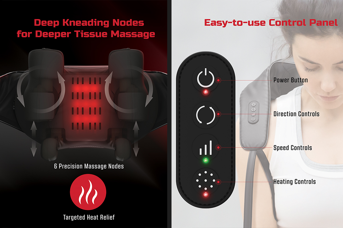 FitRx Shiatsu Pro back and neck massager showing multi-function buttons including direction, speed and heating controls