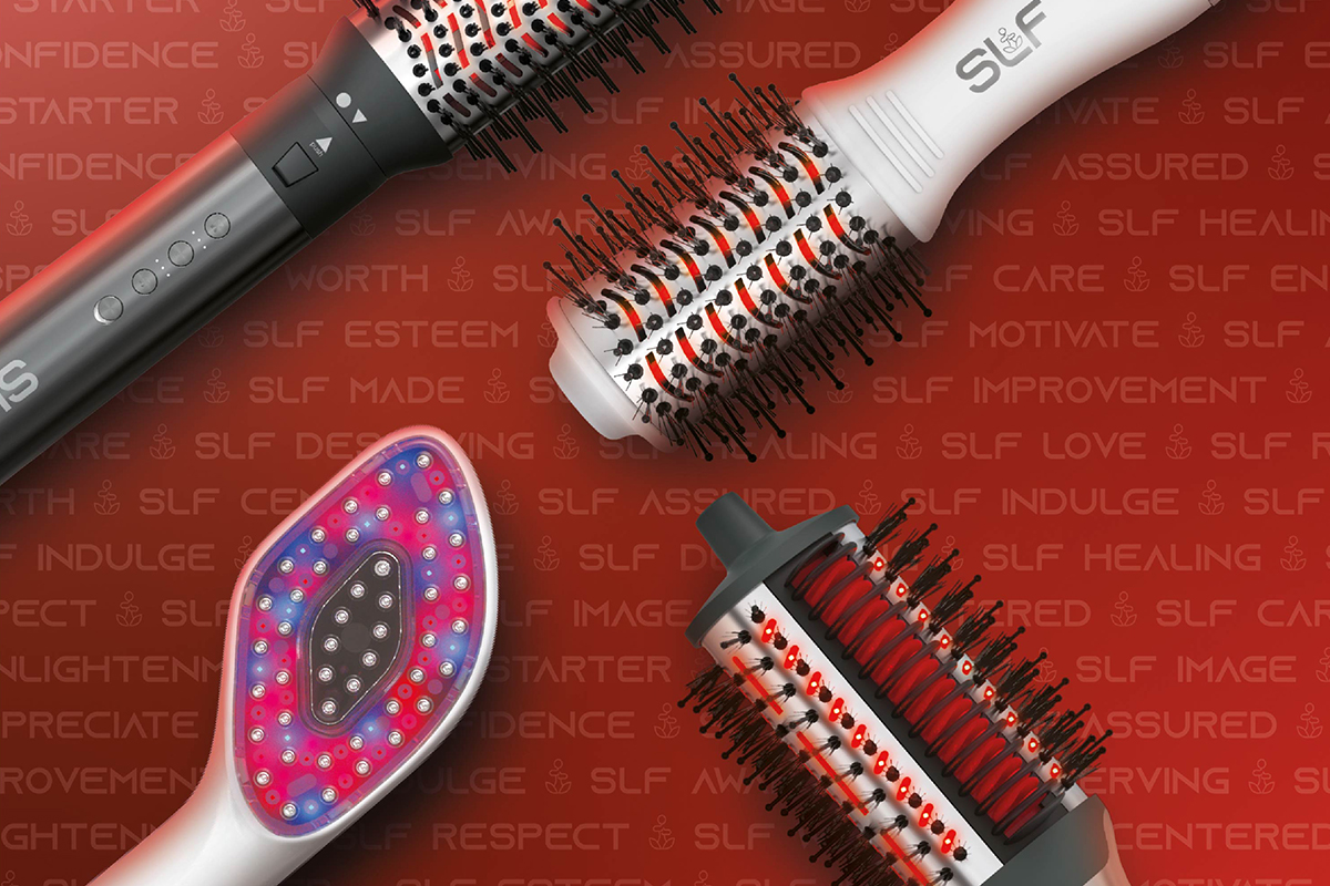 A group of SLF red light technology products presented on a vibrant red background.