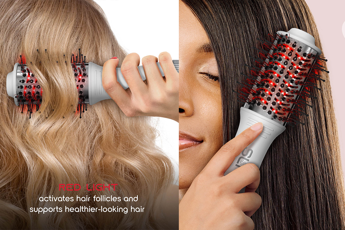 Women styling their hair using the portable SLF red light travel dryer.