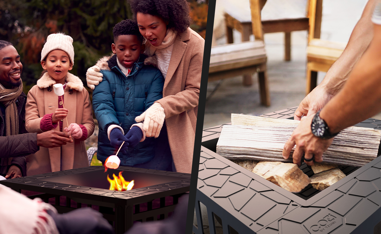 Multiple scenes showing family using Cozi Outdoor Square Fire Pit Table
