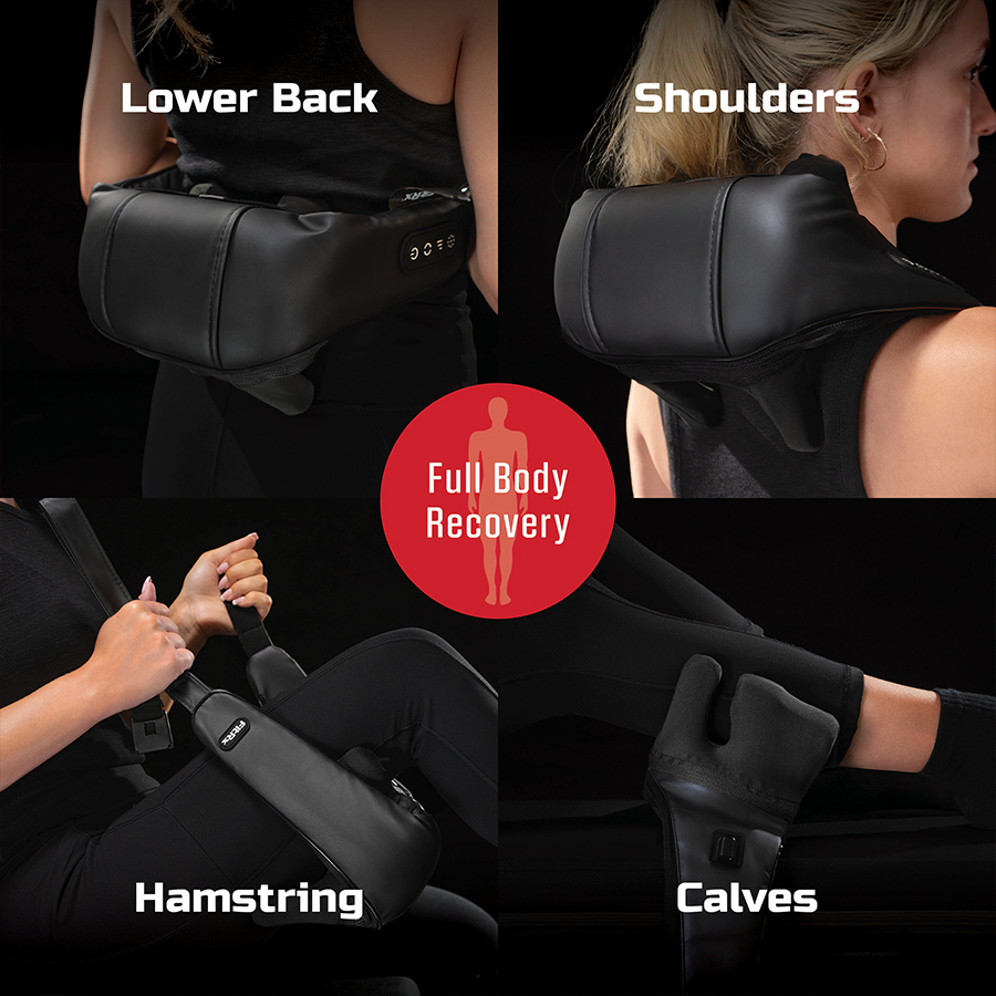 Woman using FitRx Shiatsu Pro back and neck massager for multiple needs; lower back, shoulders, hamstring and calves