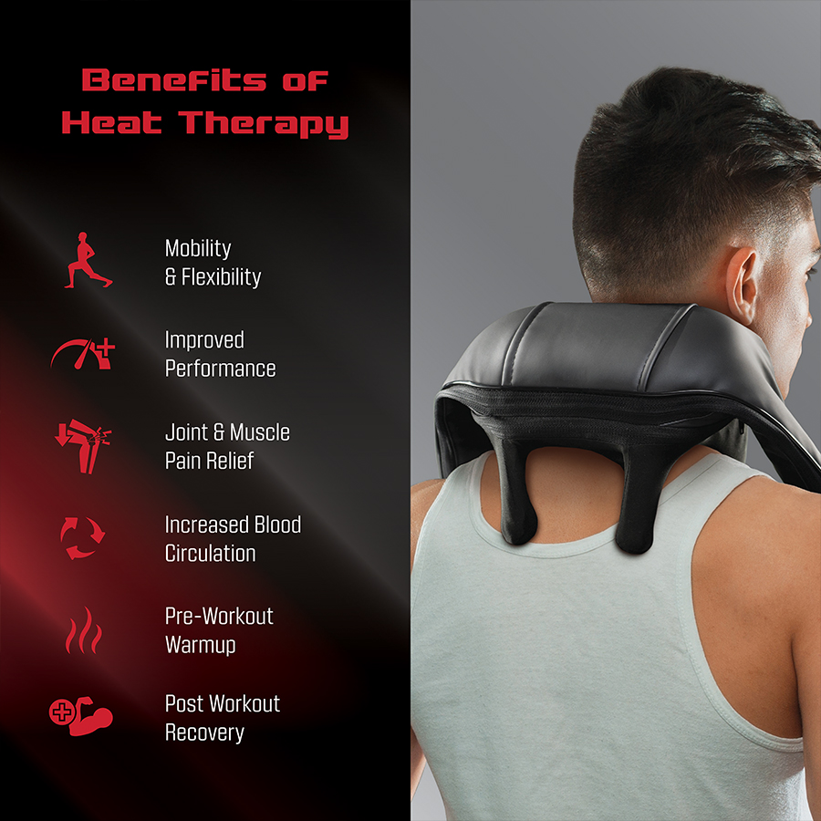 Man using FitRx Shiatsu Pro back and neck massager; benefits of heat therapy include mobility and flexibility, joint and muscle pain relief, and increased blood circulation