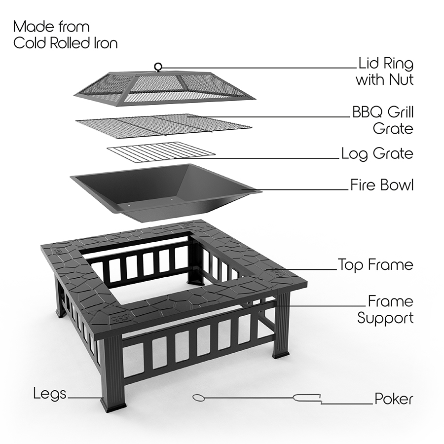 Cozi Outdoor Square Fire Pit Table showing internal components
