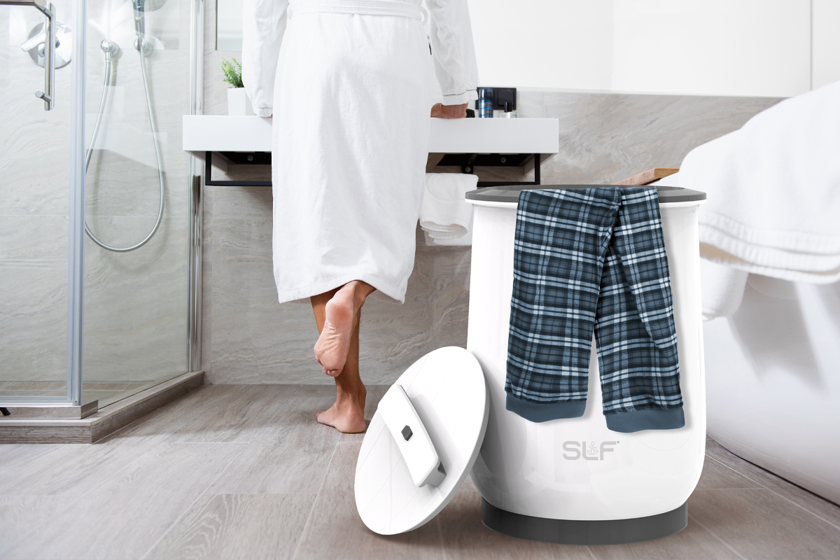 SLF Everyday Towel Warmer being used to pre-warm a pair of pajama pants.