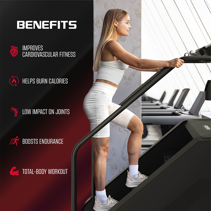 Woman using FitRx stair stepper; FitRx stair stepper improves cardiovascular fitness, helps burn calories, has a low impact on joints, boosts endurance, and provides a total body workout